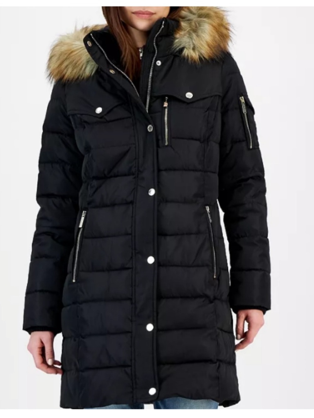 Michael Kors Black Puffer Coat 3x faux Fur Hood Like New